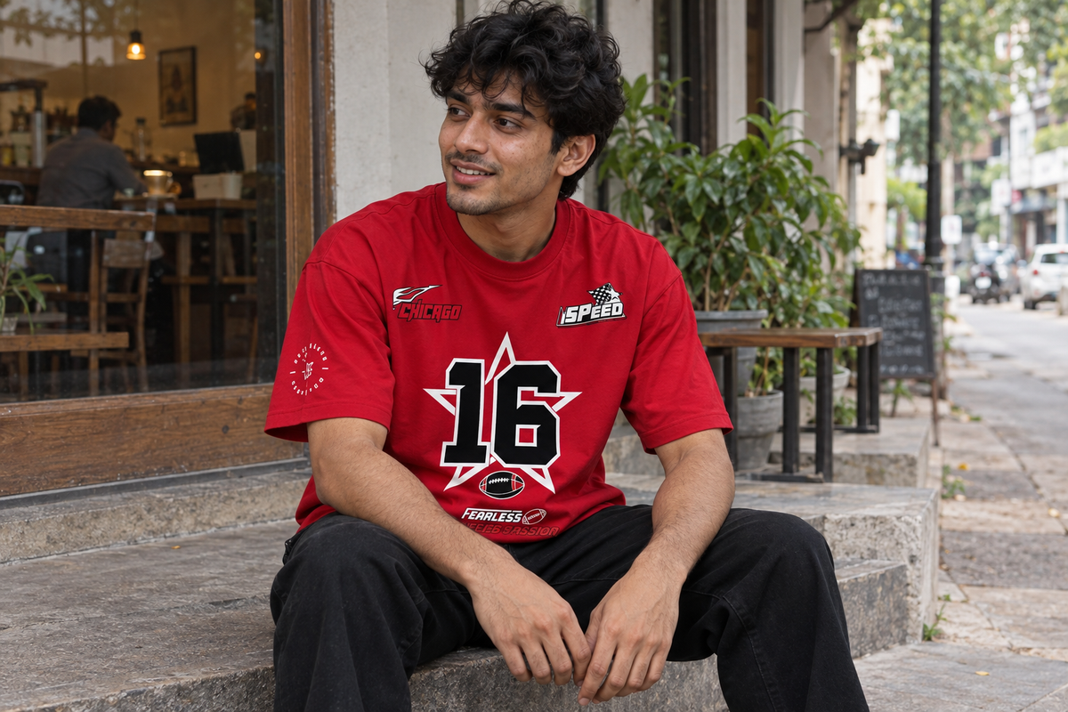 AI-assisted styling image of a man wearing the red Fearless 16 Tee outside a cafe