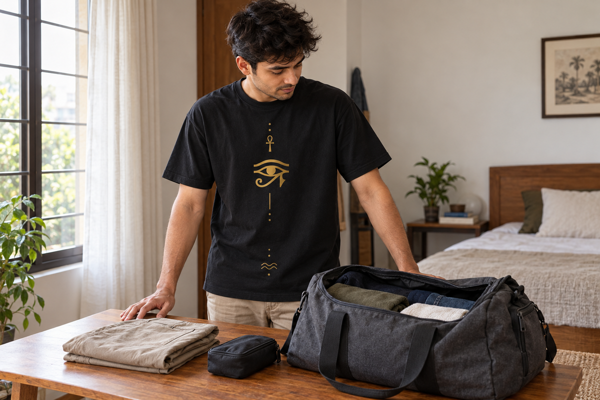AI-assisted illustration: man wearing the black Symbol Tee with gold front artwork beside an open overnight bag at home.