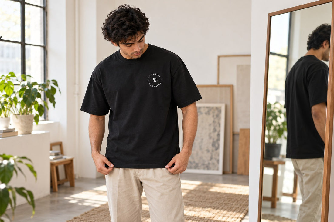 Generated styling illustration of a man checking a black chest-logo T-shirt beside a mirror.