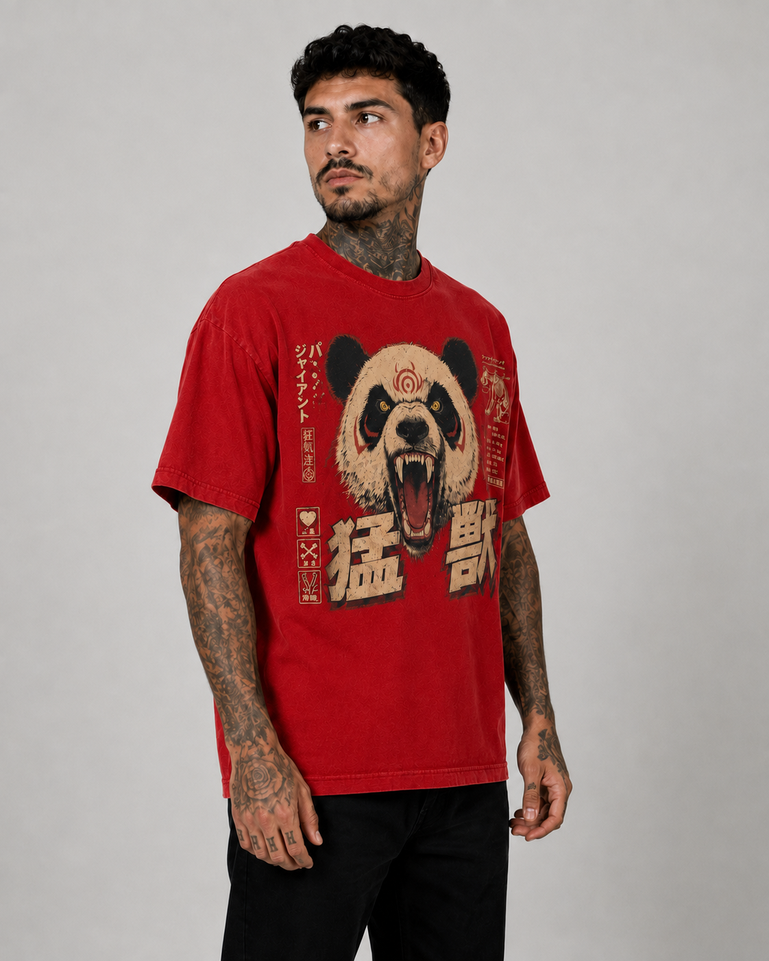 Panda graphic T-shirt in red, front view