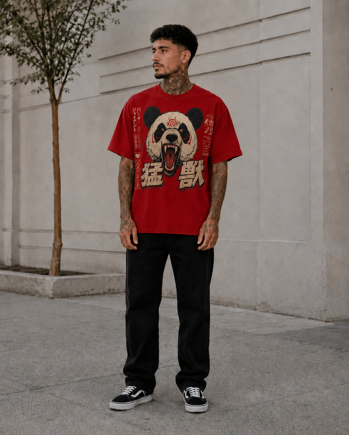 Panda graphic T-shirt in red, angled view