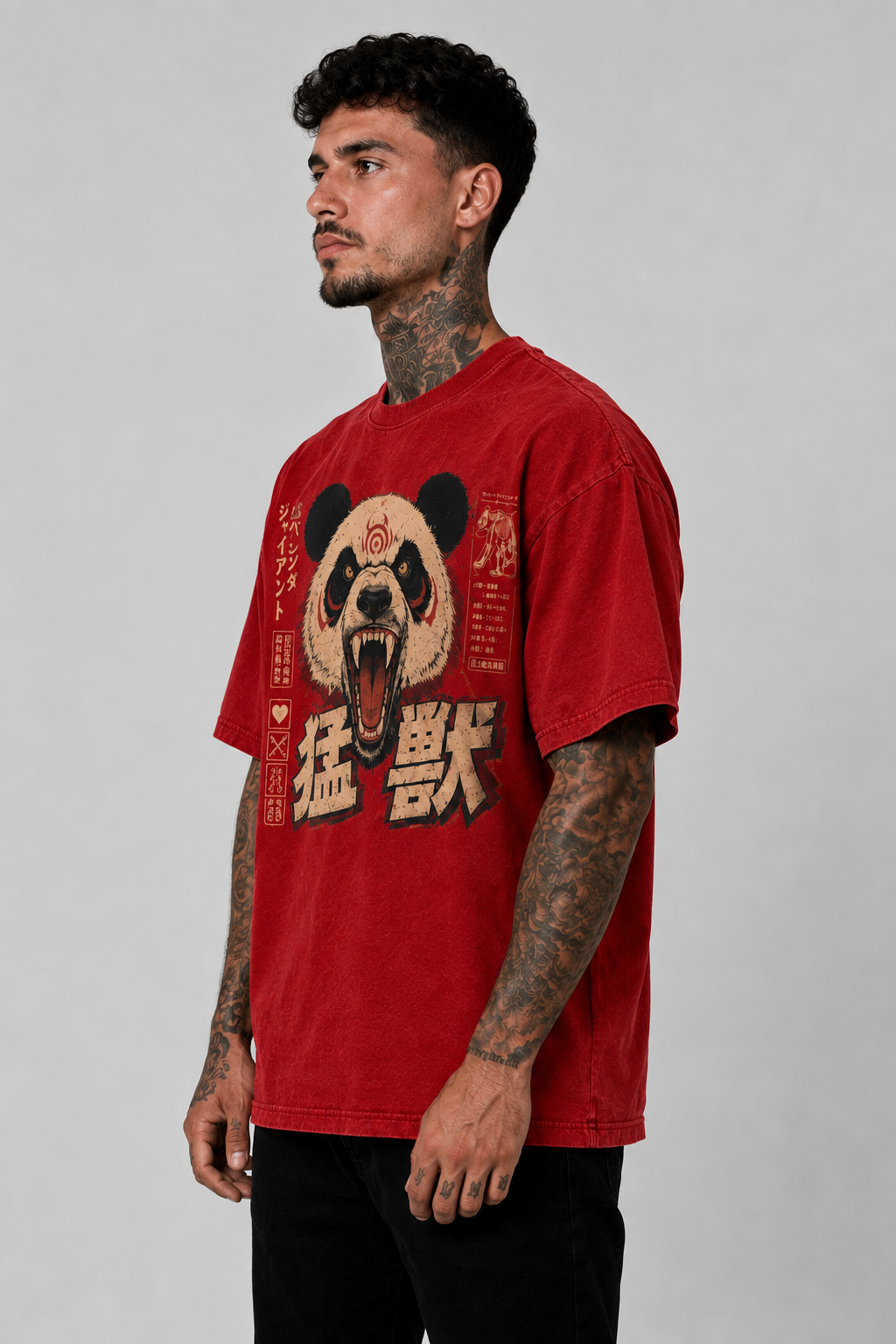 Panda graphic T-shirt in red, back view