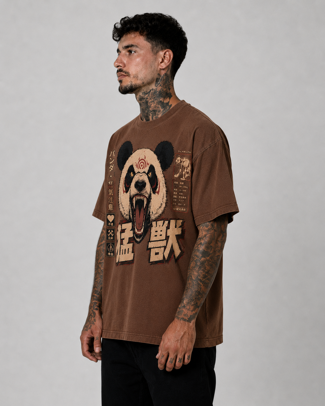 Panda graphic T-shirt in brown, angled view