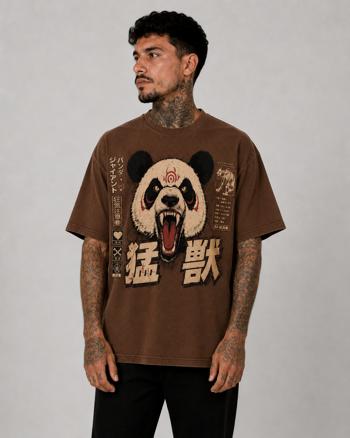 Panda graphic T-shirt in brown, back view