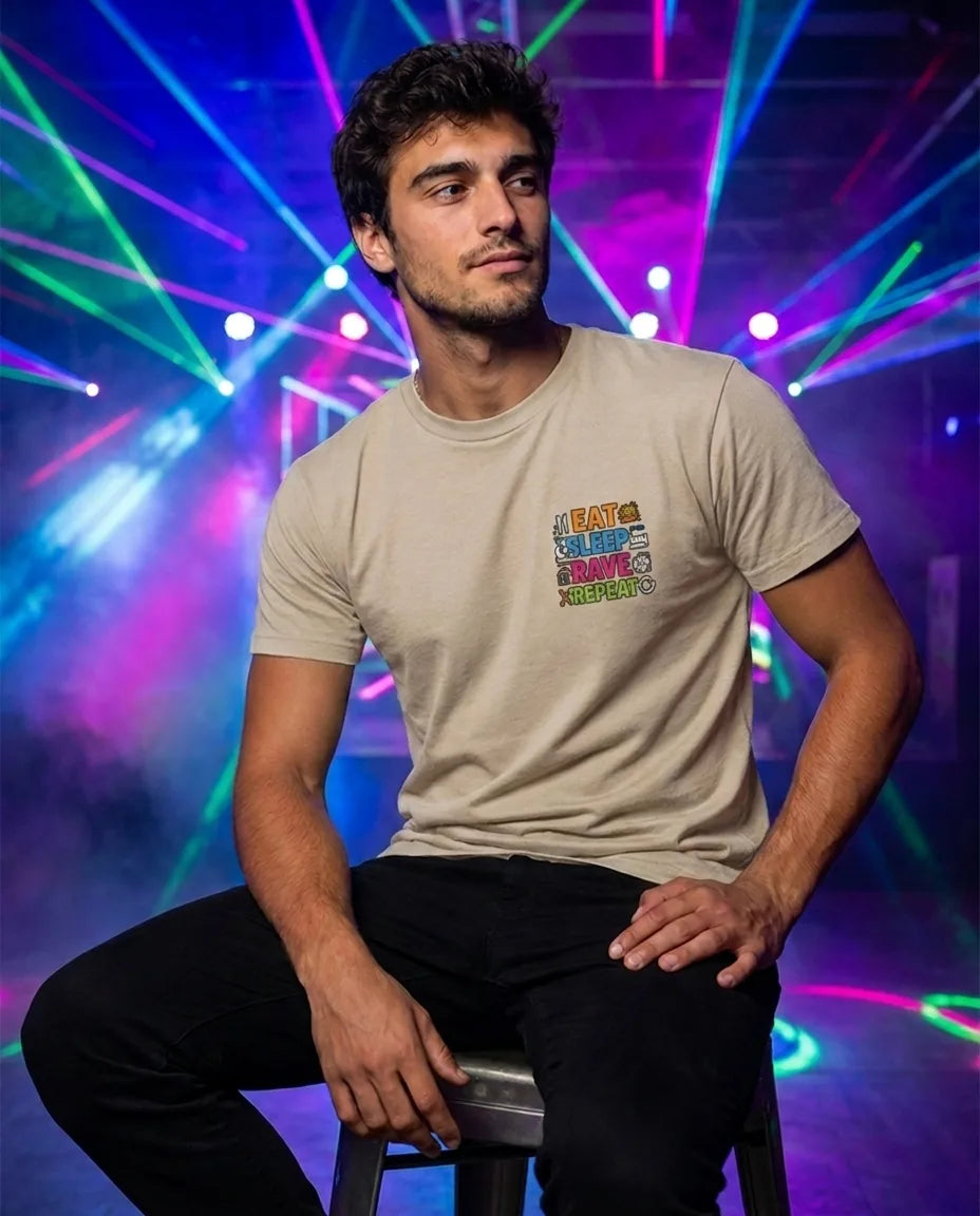 Color: Beige | View: Model | Eat Sleep Rave Repeat Tee
