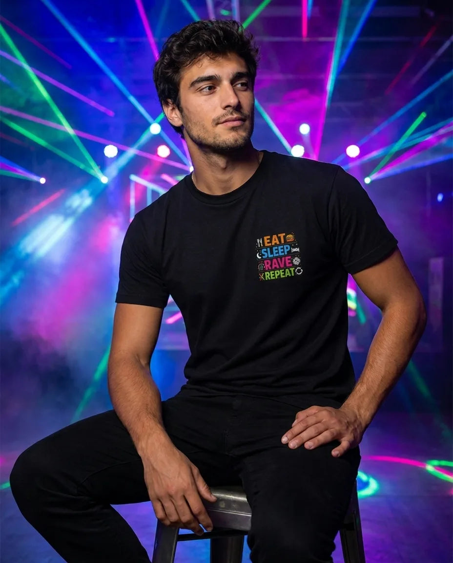 Color: Black | View: Model | Eat Sleep Rave Repeat Tee