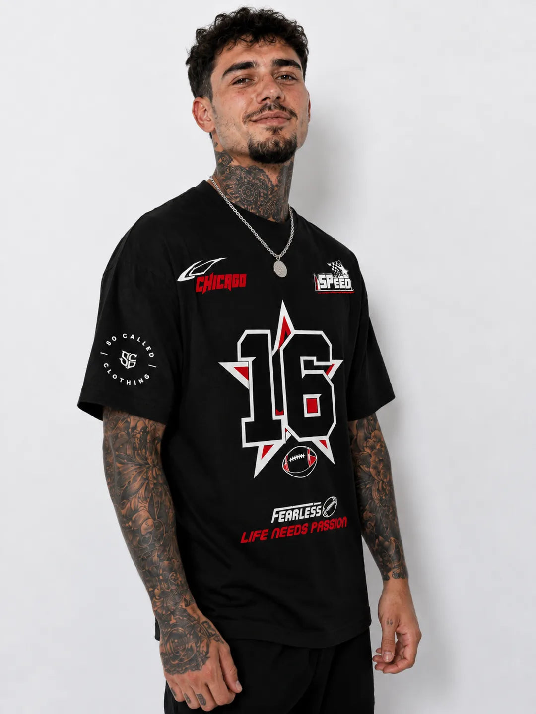 Color: Black | View: Model | Fearless 16 Tee