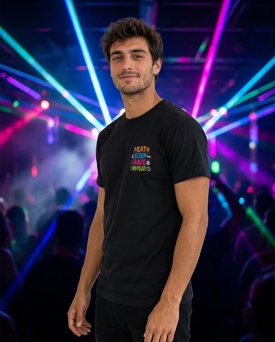 Color: Black | View: Side | Eat Sleep Rave Repeat Tee