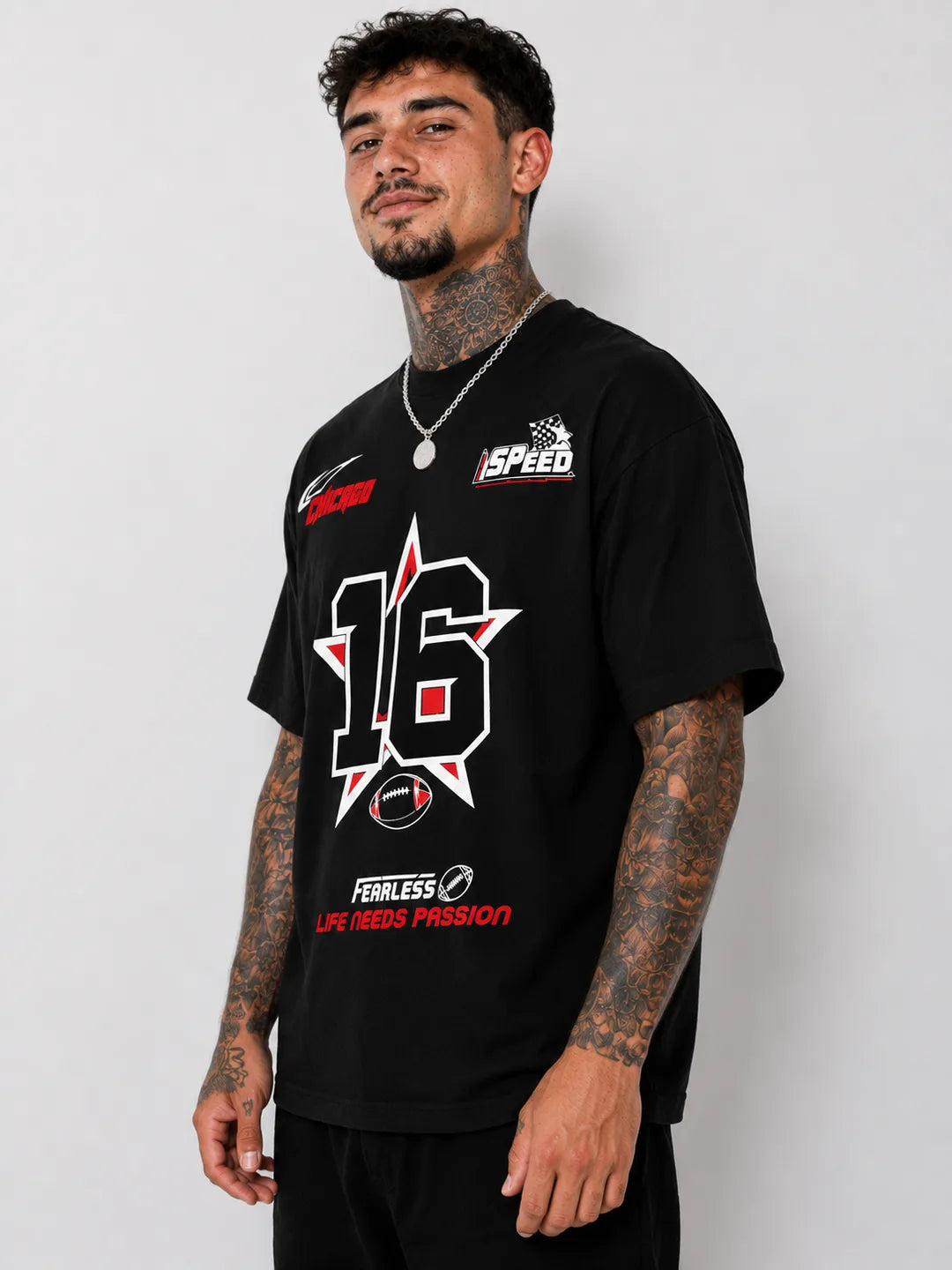 Color: Black | View: Side | Fearless 16 Tee