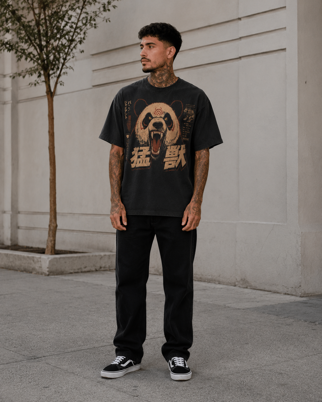 Panda graphic T-shirt in black, front view