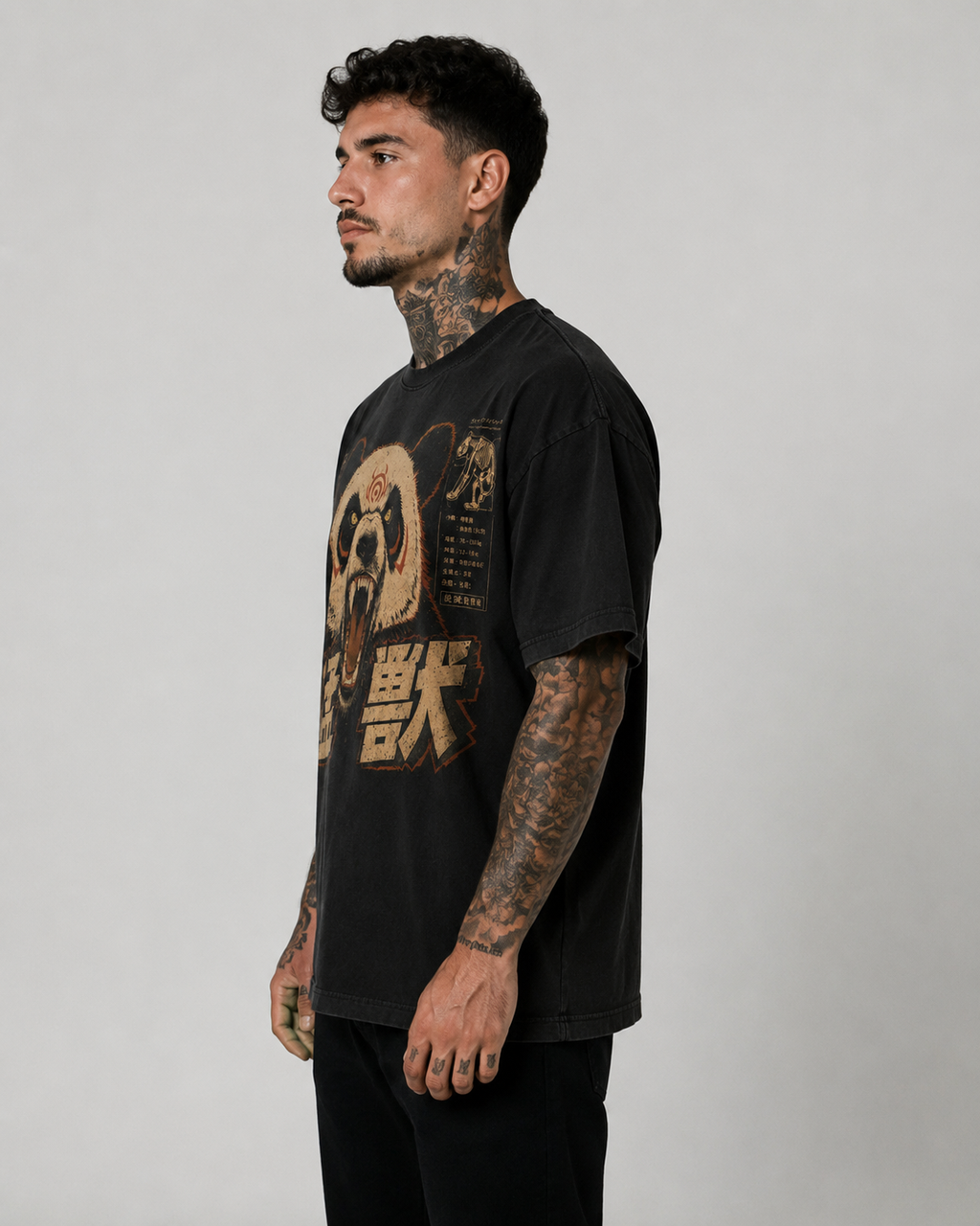 Panda graphic T-shirt in black, left side view