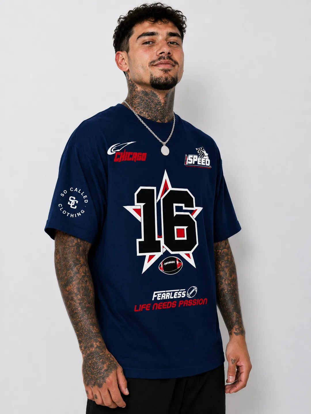 Color: Navy | View: Model | Fearless 16 Tee