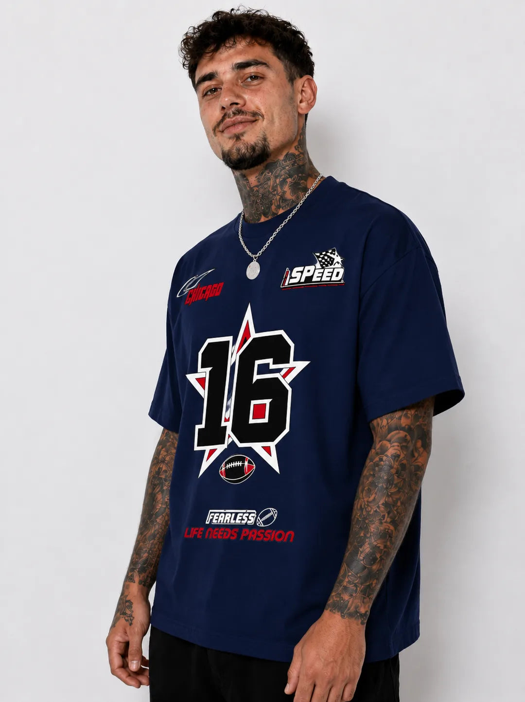 Color: Navy | View: Side | Fearless 16 Tee