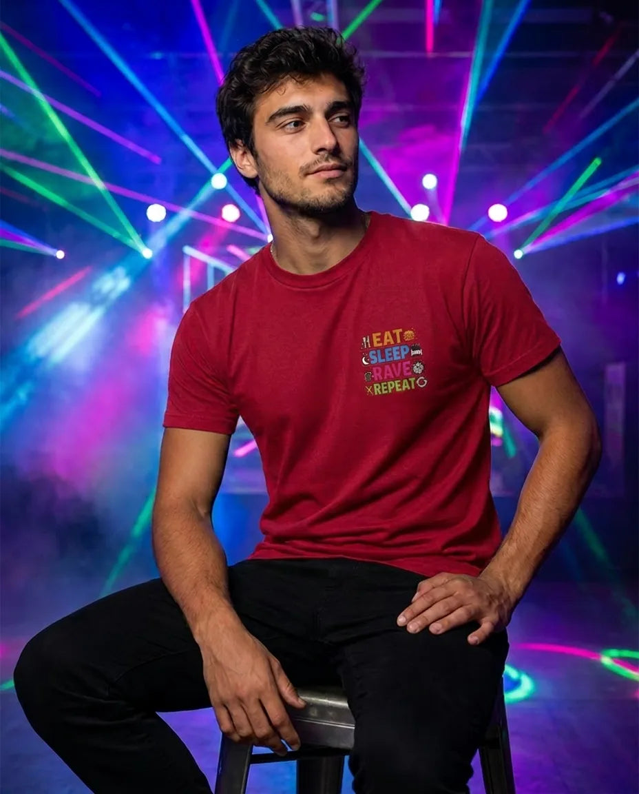 Color: Red | View: Model | Eat Sleep Rave Repeat Tee