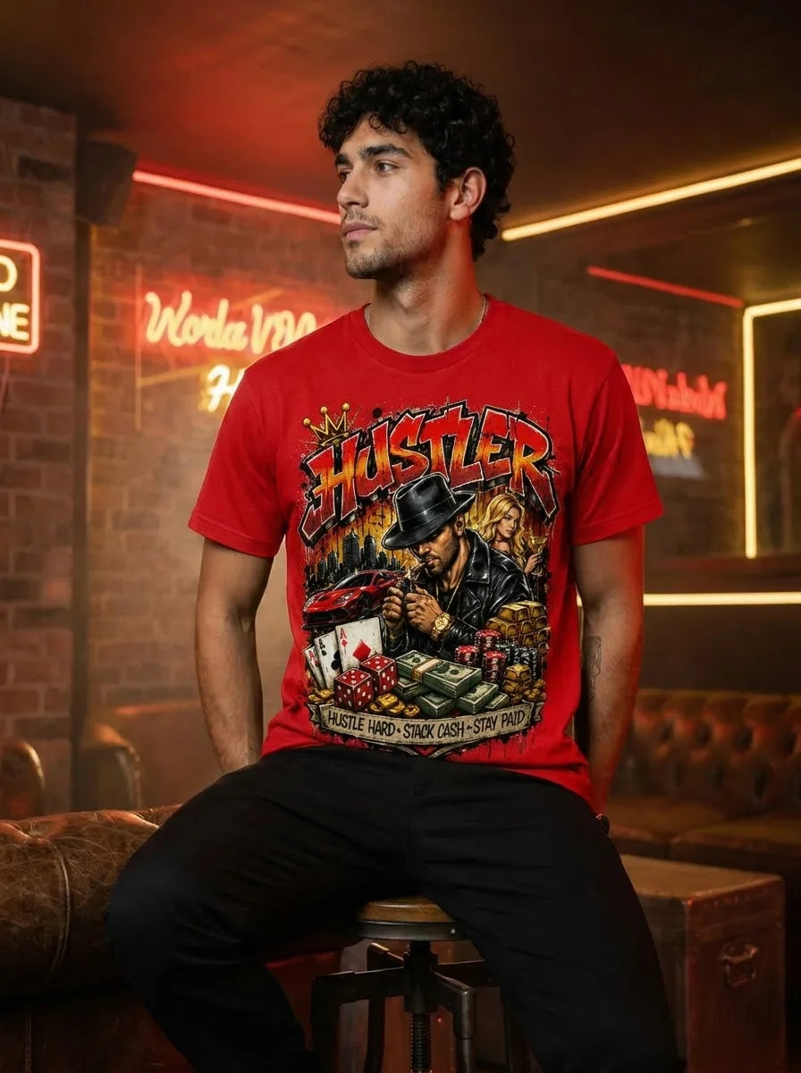 Color: Red | View: Model | Hustler Tee