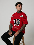 Color: Red | View: Model | Fearless 16 Tee