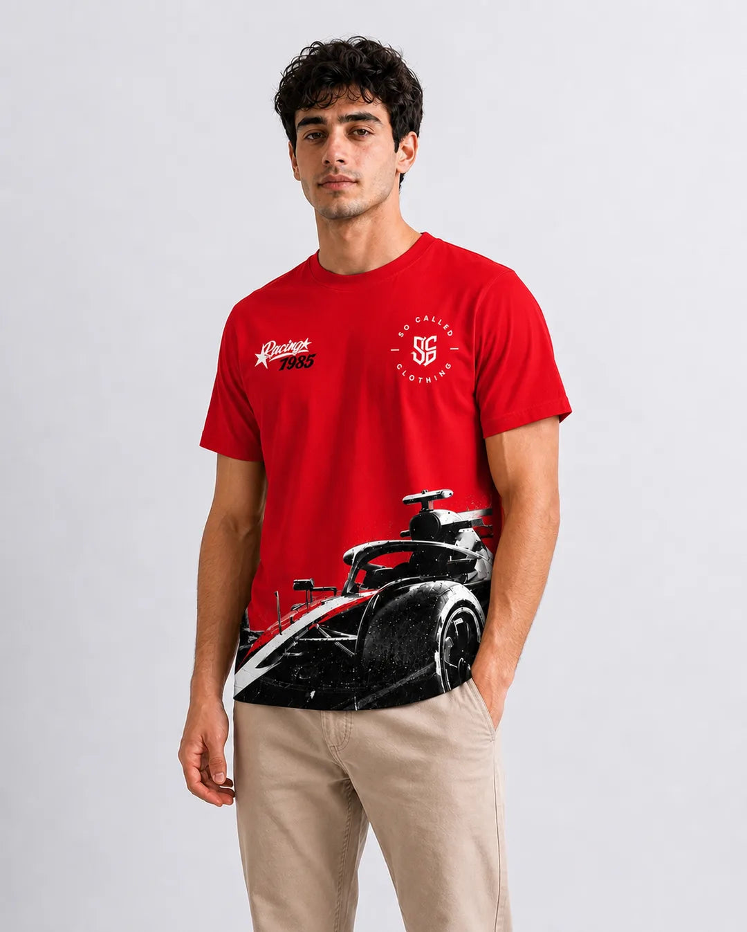 Color: Red | View: Side | Racing 1985 Tee