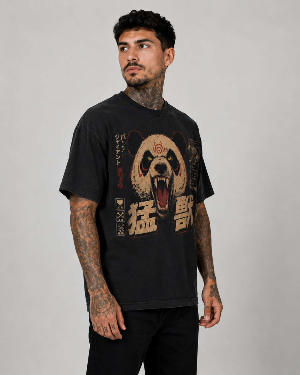 Panda graphic T-shirt in black, right side view