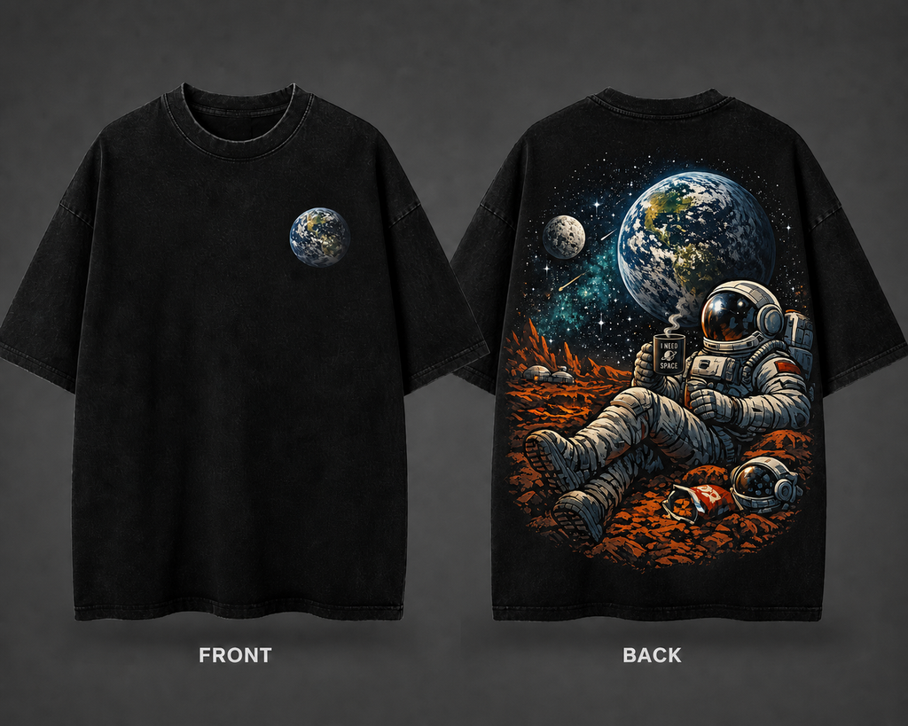Spaceman Design 1 Tee front and back with astronaut holding coffee mug
