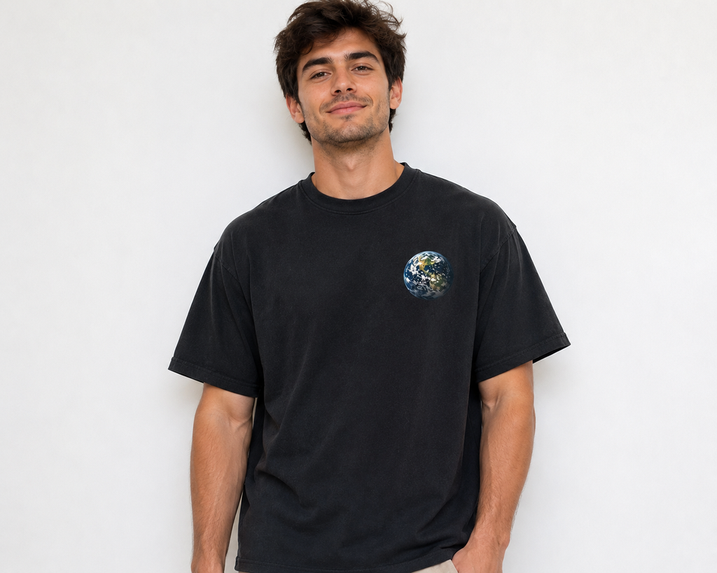 Spaceman Design 1 Tee black front with Earth chest graphic