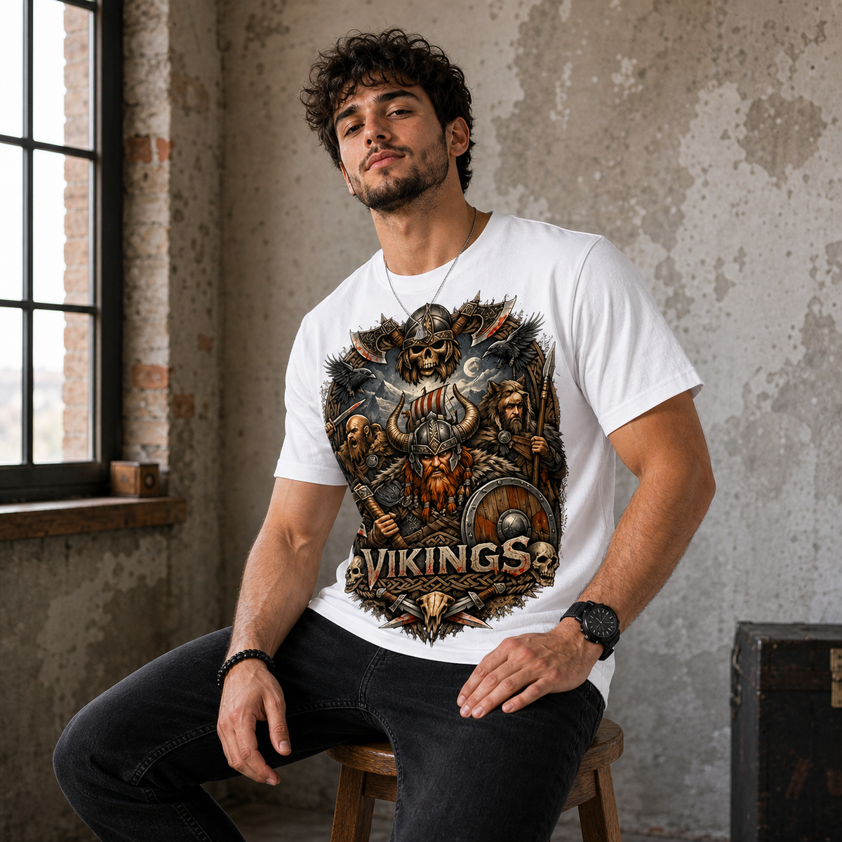 Color: White | View: Seated front | Vikings Battle Tee