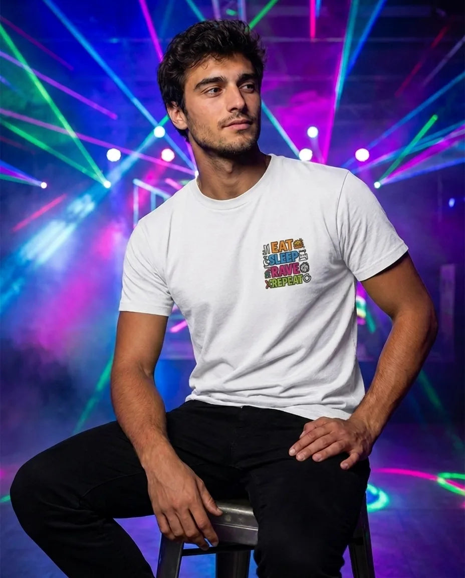 Color: White | View: Model | Eat Sleep Rave Repeat Tee