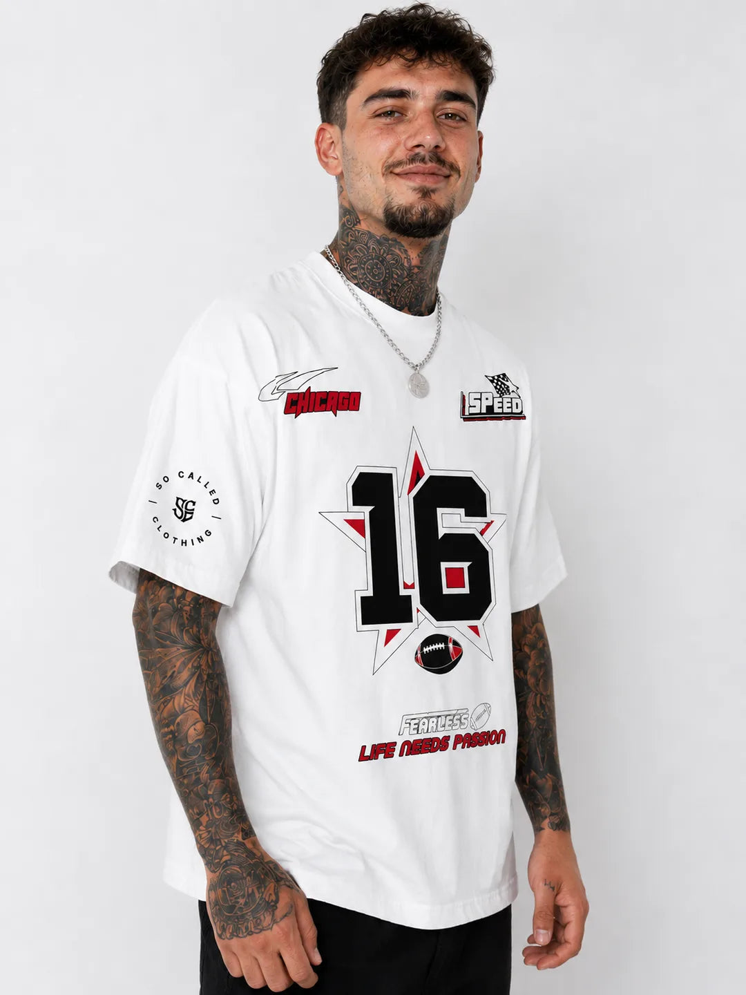Color: White | View: Model | Fearless 16 Tee
