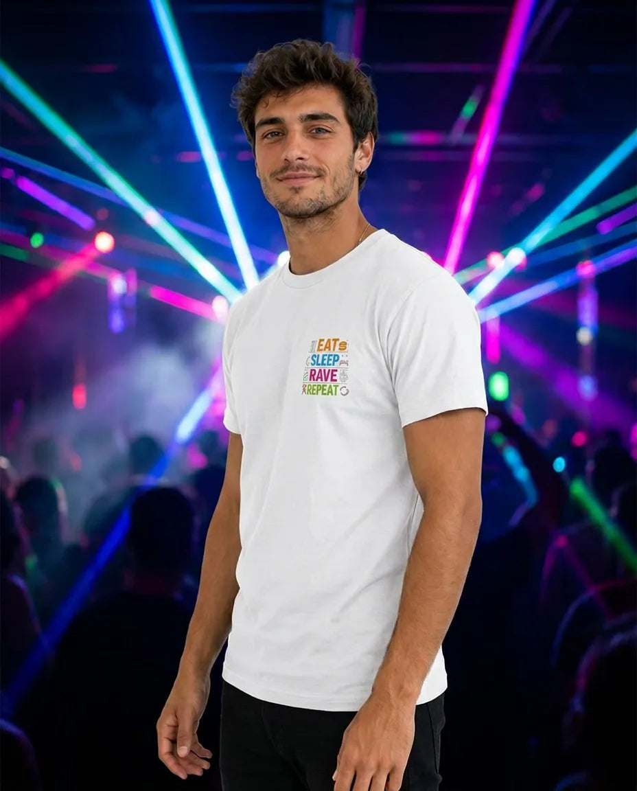 Color: White | View: Side | Eat Sleep Rave Repeat Tee