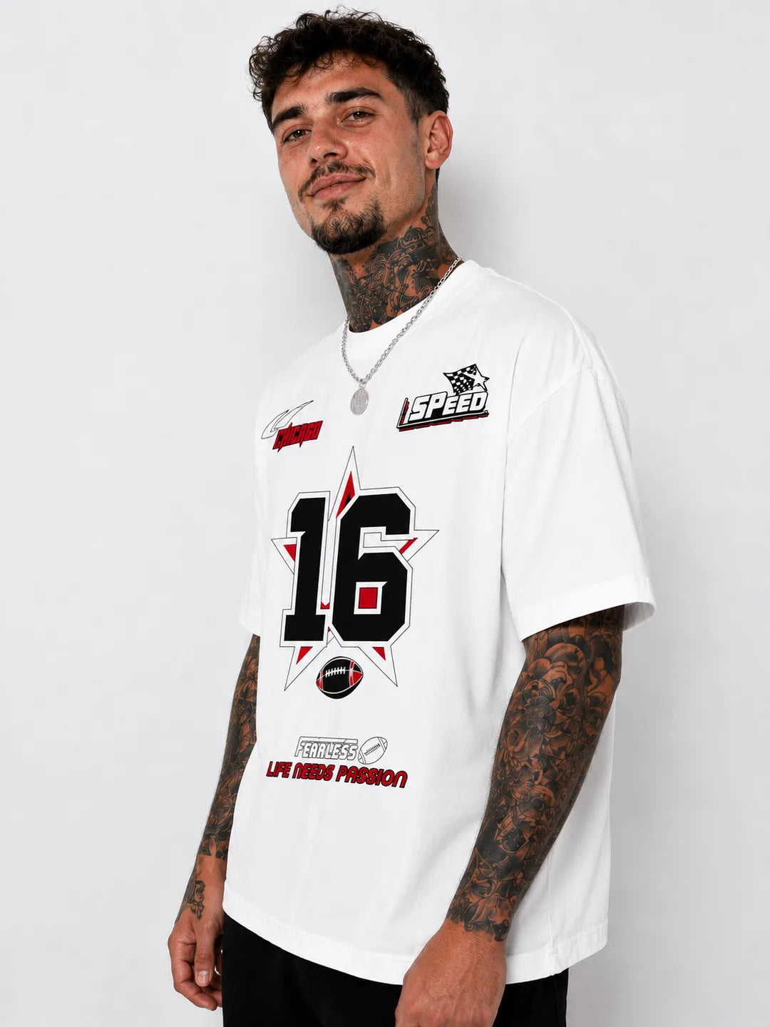 Color: White | View: Side | Fearless 16 Tee