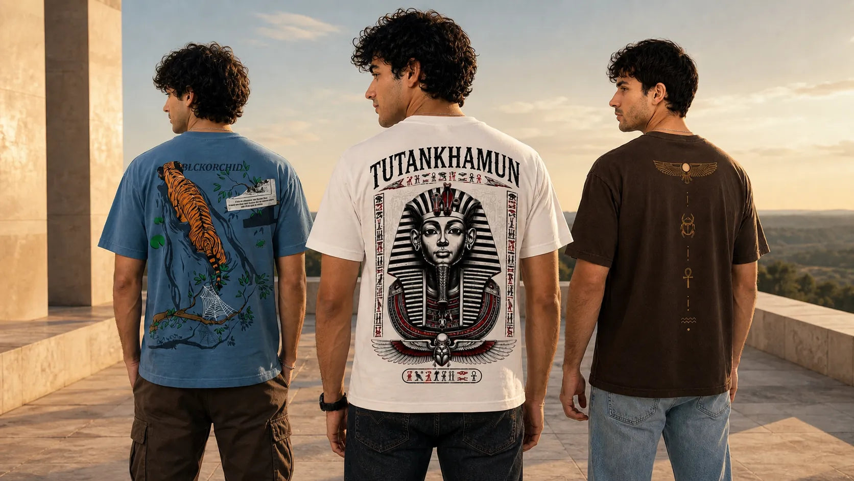 Models showing blue, white and earth-brown T-shirt back prints