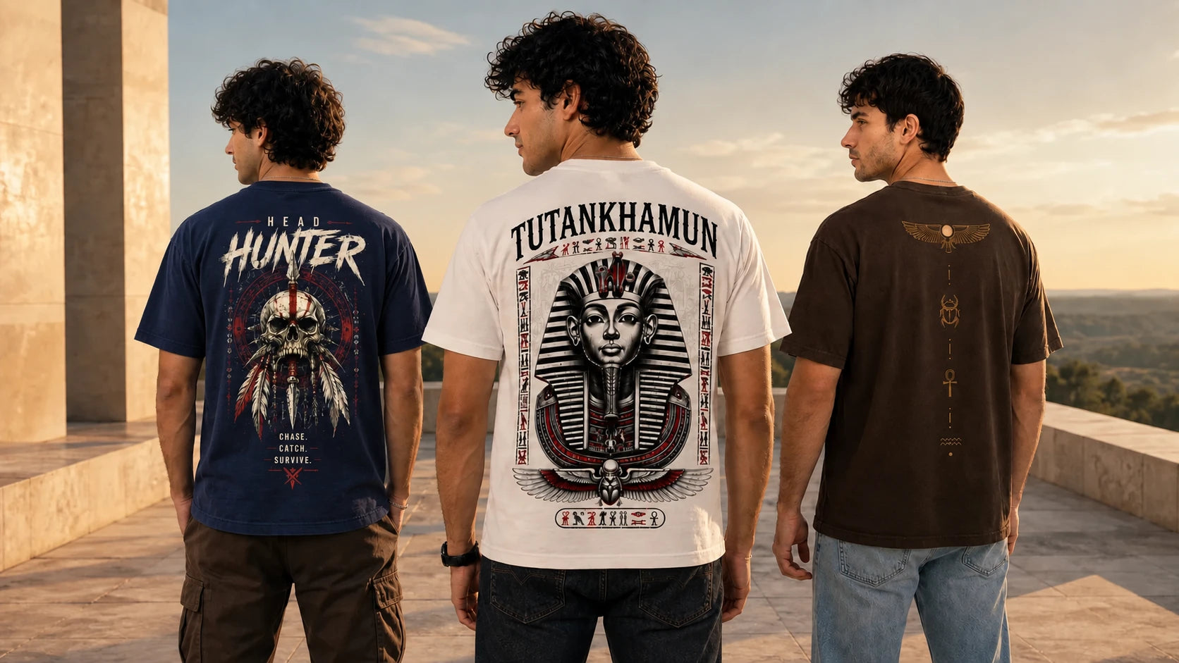 Models showing navy Head Hunter, white Tutankhamun and brown Symbol T-shirt back prints