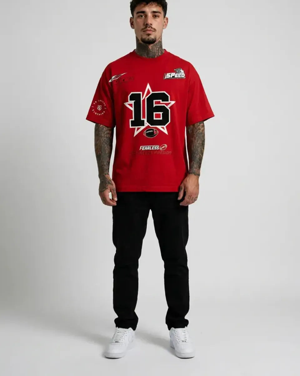 Model wearing the red Fearless 16 T-shirt