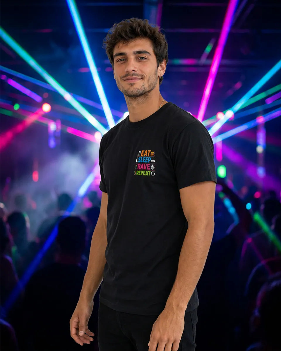 Model wearing the Eat Sleep Rave Repeat T-shirt